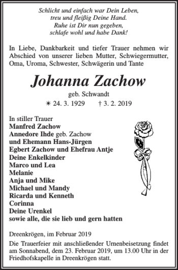 Traueranzeige von Johanna Zachow von Ludwigsluster Tageblatt