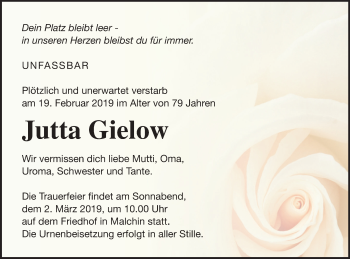 Traueranzeige von Jutta Gielow von Mecklenburger Schweiz