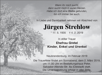 Traueranzeige von Jürgen Strehlow von Neubrandenburger Zeitung