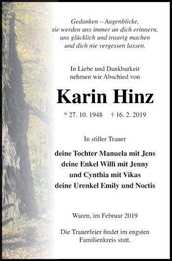 Traueranzeige von Karin Hinz von Müritz-Zeitung