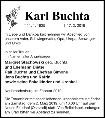 Traueranzeige von Karl Buchta von Neubrandenburger Zeitung