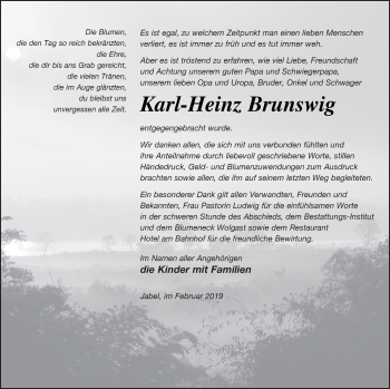 Traueranzeige von Karl-Heinz Brunswig von Müritz-Zeitung