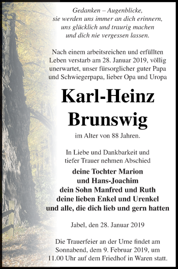 Traueranzeige von Karl-Heinz Brunswig von Müritz-Zeitung