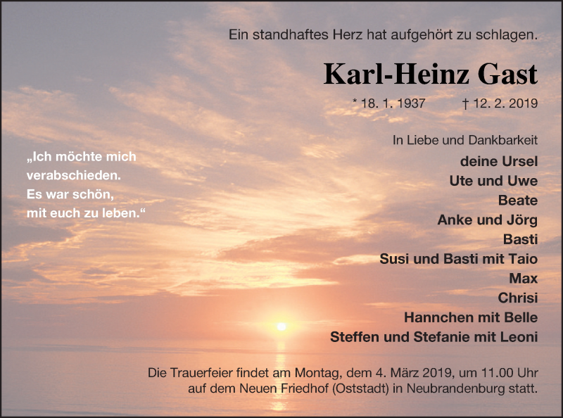  Traueranzeige für Karl-Heinz Gast vom 20.02.2019 aus Haff-Zeitung