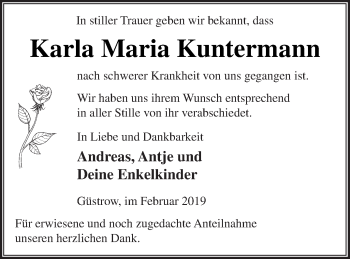 Traueranzeige von Karla Maria Kuntermann von Mecklenburger Schweiz