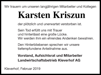 Traueranzeige von Karsten Kriszun von Mecklenburger Schweiz