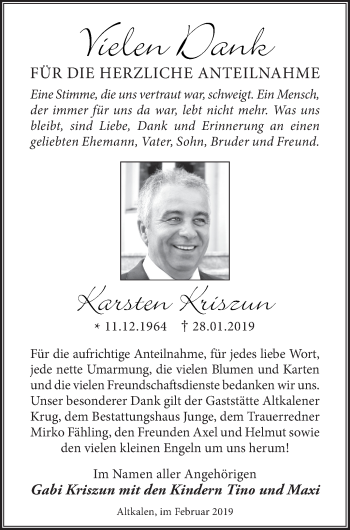 Traueranzeige von Karsten Kriszun von Mecklenburger Schweiz