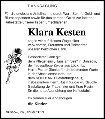 Traueranzeige von Klara Kesten von Prenzlauer Zeitung