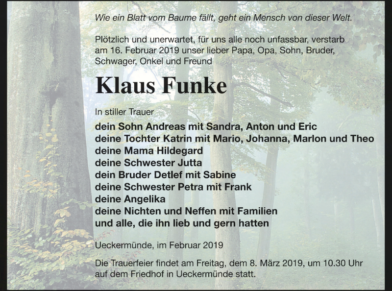  Traueranzeige für Klaus Funke vom 23.02.2019 aus Haff-Zeitung