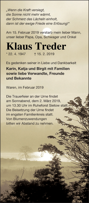 Traueranzeige von Klaus Treder von Müritz-Zeitung