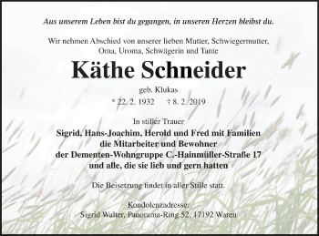 Traueranzeige von Käthe Schneider von Demminer Zeitung