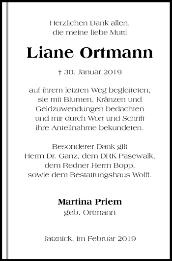 Traueranzeige von Liane Ortmann von Pasewalker Zeitung