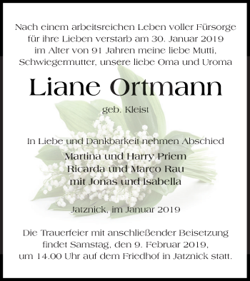 Traueranzeige von Liane Ortmann von Pasewalker Zeitung