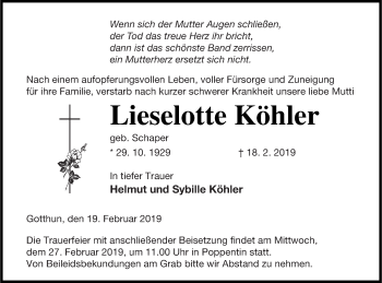 Traueranzeige von Lieselotte Köhler von Müritz-Zeitung