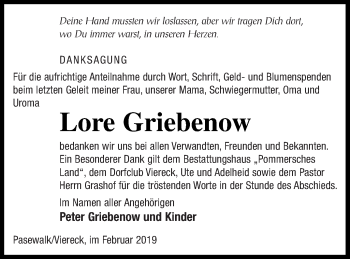 Traueranzeige von Lore Griebenow von Pasewalker Zeitung