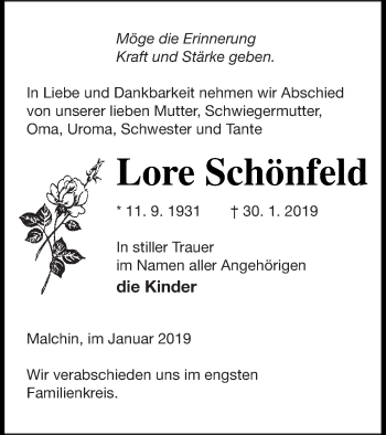 Traueranzeige von Lore Schönfeld von Mecklenburger Schweiz