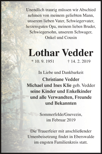 Traueranzeige von Lothar Vedder von Vorpommern Kurier