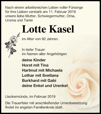 Traueranzeige von Lotte Kasel von Haff-Zeitung