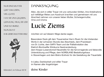 Traueranzeige von Lucie Ziems von Mecklenburger Schweiz