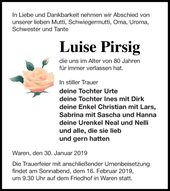 Traueranzeige von Luise Pirsig von Müritz-Zeitung