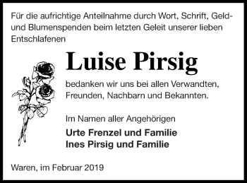 Traueranzeige von Luise Pirsig von Müritz-Zeitung