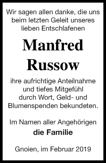 Traueranzeige von Manfred Rossow von Mecklenburger Schweiz