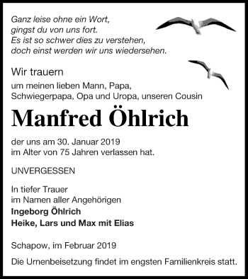 Traueranzeige von Manfred Öhlrich von Prenzlauer Zeitung