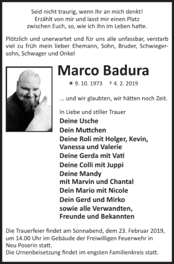 Traueranzeige von Marco Badura von Zeitung für Lübz - Goldberg - Plau