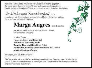 Traueranzeige von Marga Angres von Pasewalker Zeitung