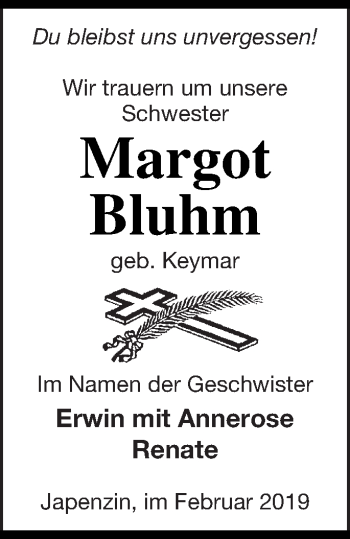 Traueranzeige von Margot Bluhm von Vorpommern Kurier