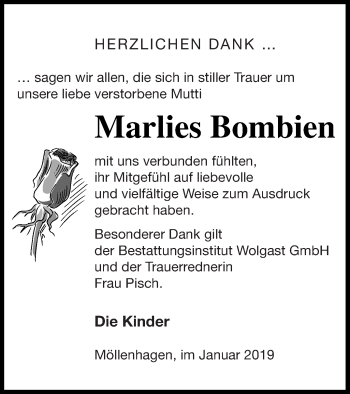 Traueranzeige von Marlies Bombien von Müritz-Zeitung