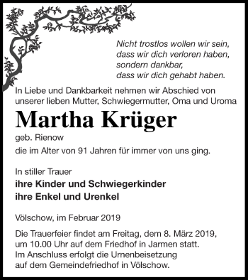 Traueranzeige von Martha Krüger von Vorpommern Kurier