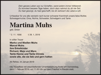 Traueranzeige von Martina Muhs von Müritz-Zeitung