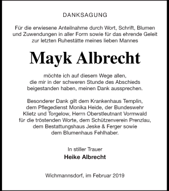 Traueranzeige von Mayk Albrecht von Prenzlauer Zeitung