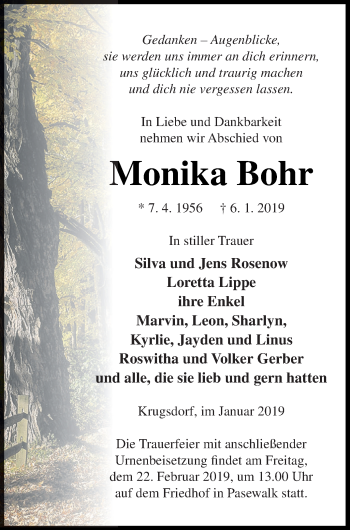 Traueranzeige von Monika Bohr von Pasewalker Zeitung