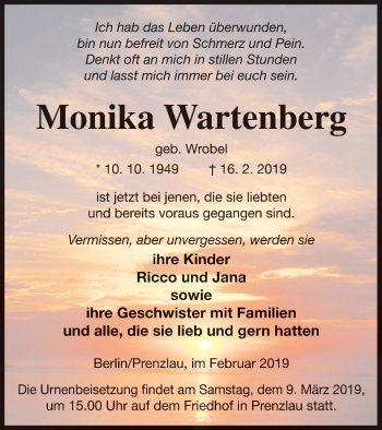 Traueranzeige von Monika Wartenberg von Prenzlauer Zeitung