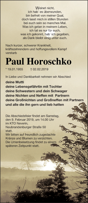 Traueranzeige von Paul Horoschko von Neubrandenburger Zeitung