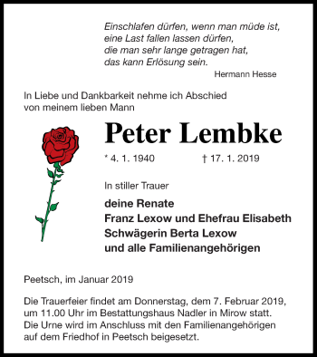 Traueranzeige von Peter Lembke von Strelitzer Zeitung