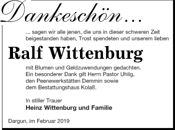 Traueranzeige von Ralf Wittenburg von Mecklenburger Schweiz