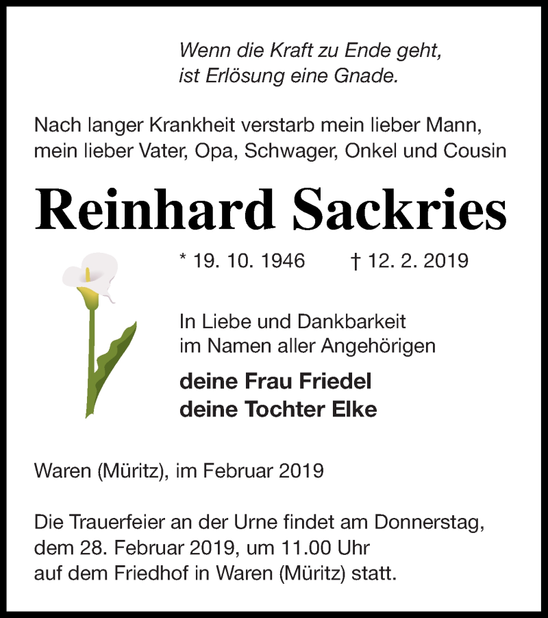  Traueranzeige für Reinhard Sackries vom 26.02.2019 aus Müritz-Zeitung