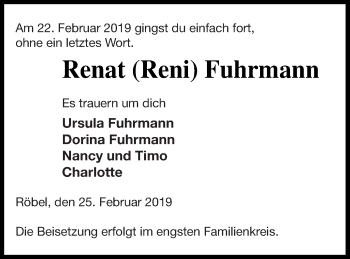 Traueranzeige von Renat Reni Fuhrmann von Müritz-Zeitung