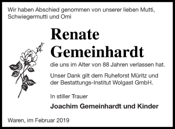 Traueranzeige von Renate Gemeinhardt von Müritz-Zeitung