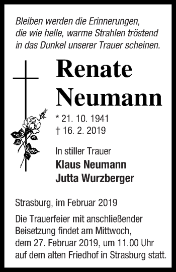 Traueranzeige von Renate Neumann von Pasewalker Zeitung