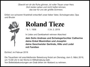 Traueranzeige von Roland Tieze von Haff-Zeitung