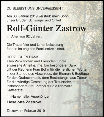 Traueranzeige von Rolf-Günter Zastrow von Vorpommern Kurier