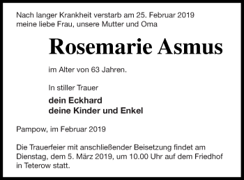 Traueranzeige von Rosemarie Asmus von Mecklenburger Schweiz