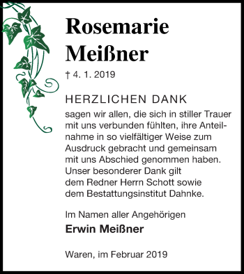 Traueranzeige von Rosemarie Meißner von Müritz-Zeitung