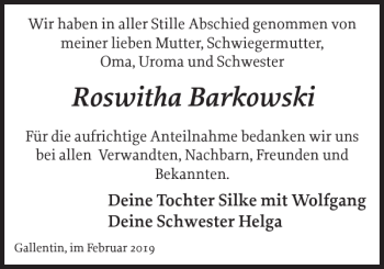 Traueranzeige von Roswitha Barkowski von Zeitung für die Landeshauptstadt