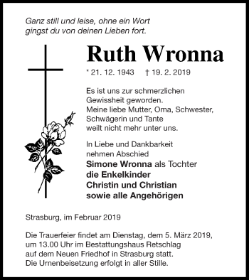 Traueranzeige von Ruth Wronna von Haff-Zeitung