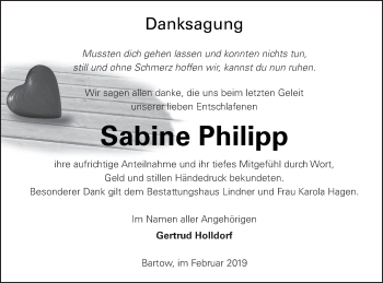 Traueranzeige von Sabine Philipp von Neubrandenburger Zeitung